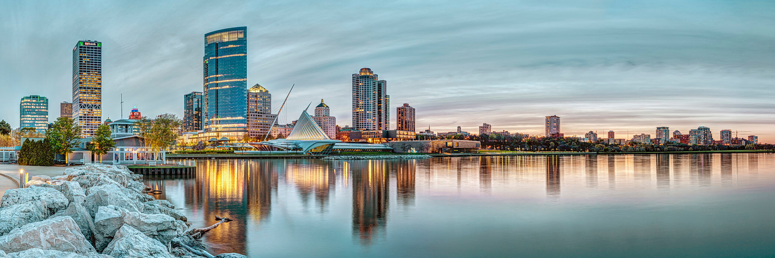 Milwaukee Sunset Panorama There's something very nice about shooting cityscapes that feature a lot of water. Milwaukee is one of those cities that allows...
